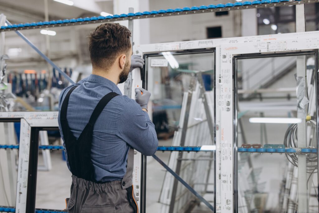 factory worker assembling aluminum and pvc window frame in production line