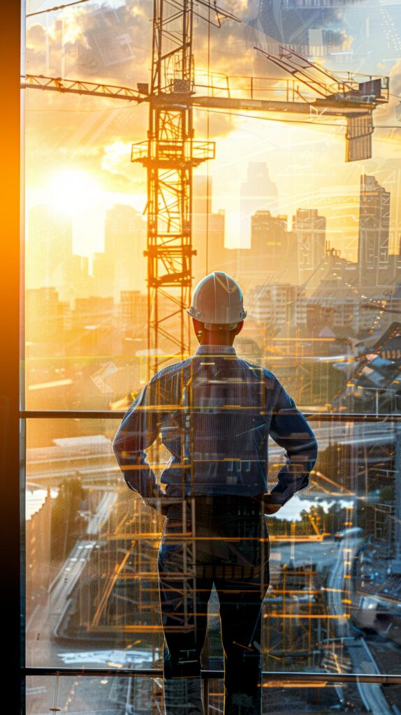 vista trasera del gerente de ingenieria profesional en multiexposicion con la industria de la construccion de edificios